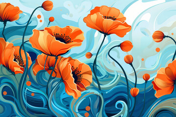 Orange poppies in a field close-up atmospheric abstract background 