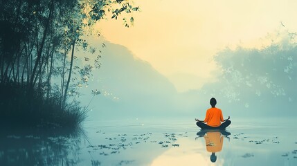 Wall Mural - A serene silhouette practicing meditation by a tranquil lake at sunset in a picturesque mountainous landscape