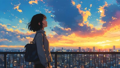 Anime girl contemplating in a vibrant cityscape under a whimsical sky, blending artistic creation with abstract design for a captivating cartoon wallpaper.