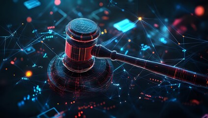 Wall Mural - Gavel with glowing lines and dots representing the digital world.