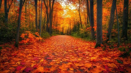 Wall Mural - Autumn foliage covers the forest floor in a serene woodland during a golden morning in late fall