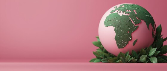 Wall Mural - Green Earth Globe on Pink Background with Leaves