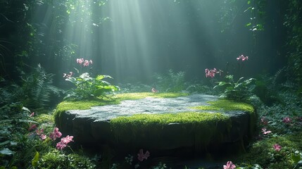 enchanted forest pedestal lush green foliage misty atmosphere sunbeams filtering through leaves mosscovered stone platform exotic flowers mystical ambiance