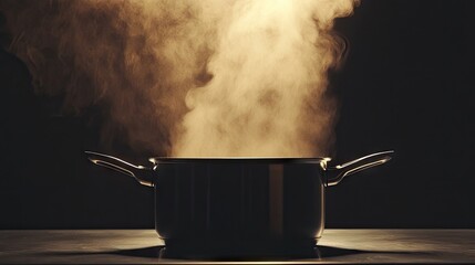 A simmering pot with steam floating upwards, highlighting the culinary preparation process, perfect for cooking visuals.