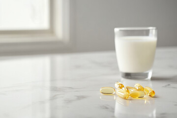 A close-up of vitamin D capsules and a glass of milk on a marble countertop, with blank space on the left for text or an advertisement