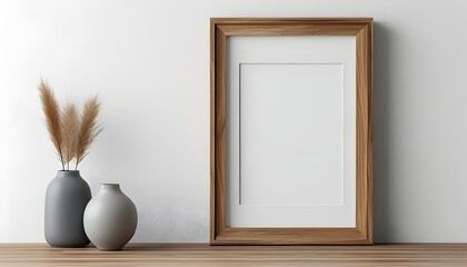 Elegant wooden photo frame on white-gray background, minimalistic design enhancing modern interior decor with AI generative touch