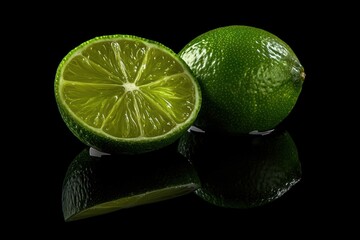 Wall Mural - Fresh lime halves on black background with reflection
