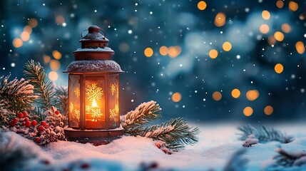 Poster - Christmas lantern glowing softly the snow surrounded by snowcovered pine branches and golden snowflakes magical holiday card design with vibrant winter colors