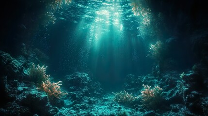 Dark ocean illuminated by glowing ruins in mysterious underwater seascape picture