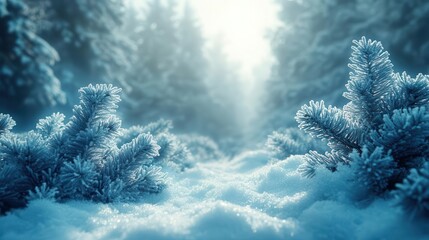 Wall Mural - enchanted winter forest scene with frostcovered fir branches misty atmosphere and cool blue tones create serene magical christmas ambiance without ornaments