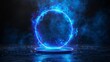 © Azis Stock - Blue light portal effect with magic neon glow. Tech hologram teleport. Energy ring for game. 3d power vortex pedestal. Abstract luminous futuristic product stage with line swirl and circular sparkle