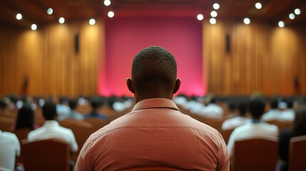 Person attending a leadership skills seminar in a large conference hall, [leadership training], [professional development] 