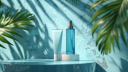 Blue podium mockup with cosmetics. Vector beauty product bottles on pedestal and palm leaves shadow on the wall. Promotional advertising banner with cream tube and shampoo packaging realistic mock up 