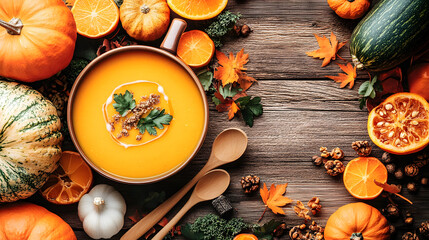 Wall Mural - Pumpkin soup with vegetarian cooking ingredients, wooden spoons, kitchen utensils on wooden background. Top view. Vegan diet. Autumn harvest. Healthy, clean food and eating concept. Zero waste