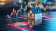 © Yelloone - Model house on digital graph, representing real estate market analysis.