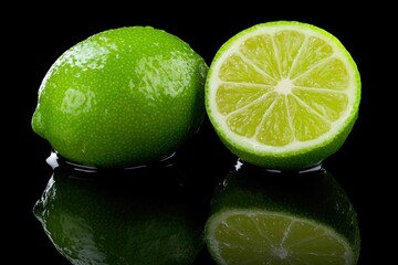 Wall Mural - Fresh whole sliced lime on black background