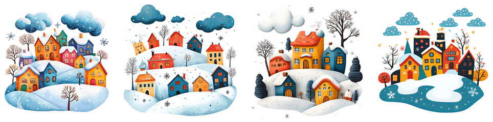 Colorful snowy village landscape scenes with winter themes transparent background