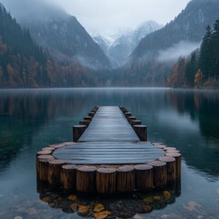 Poster - Serene Wooden Pier Extending into a Misty Mountain Lake