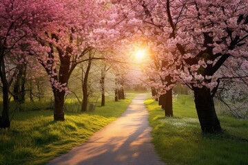 Poster - Park walking path blossom grass tree.