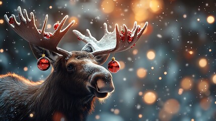 Fototapete - Christmas moose christmas ornaments hanging from antlers snowy forest background red and green festive colors greeting card concept with holiday joy and vibrant winter scene