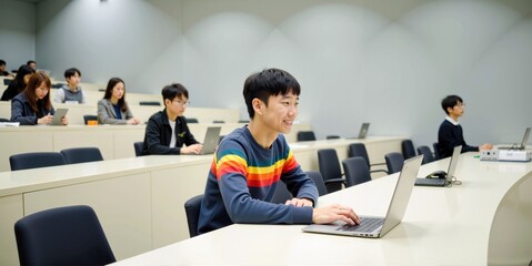 Smiling Asian Male Student Working on Laptop During a University Lecture