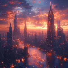 Wall Mural - Futuristic Cityscape at Sunset