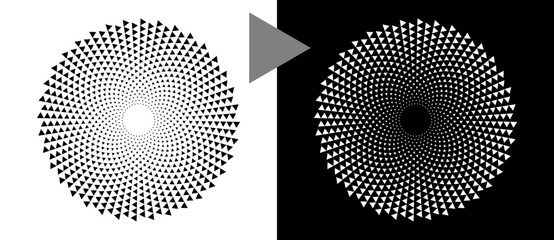 Fototapete - Modern abstract background with halftone triangles in circle form. Round logo. Black shape on a white background and the same white shape on the black side.
