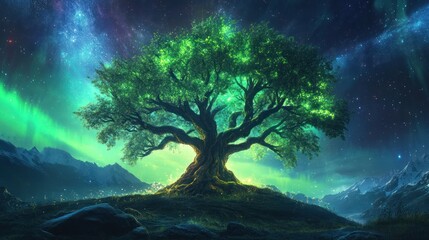 Wall Mural - A luminous tree under a starry sky, surrounded by vibrant colors and mountains.