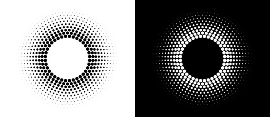 Leinwandbilder - Halftone round as sun icon or background. Abstract vector circle frame with dots as logo or emblem. Black shape on a white background and the same white shape on the black side.