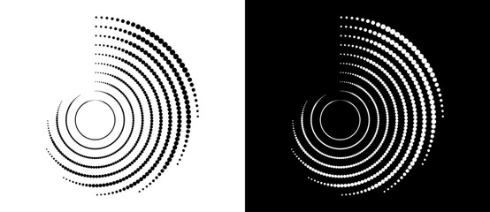 Poster - Modern abstract background. Halftone dots in circle form. Round logo. Vector dotted frame. Design element or icon. Black shape on a white background and the same white shape on the black side.