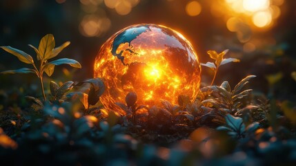 Wall Mural - ethereal depiction of earth embraced by nature elements glowing globe surrounded by lush foliage cle