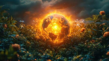 Wall Mural - ethereal depiction of earth embraced by nature elements glowing globe surrounded by lush foliage cle