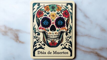 Colorful Tarot Card of Sugar Skull Día de Muertos tradition Mexican flowers in the eye sockets and at the top of the head. with swirling patterns of leaves and vines surrounding the flowers, The mouth