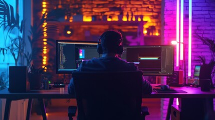Poster - Timelapse of a content creator editing videos in a dark room illuminated by RGB lights, [content creator], [video editing process] 