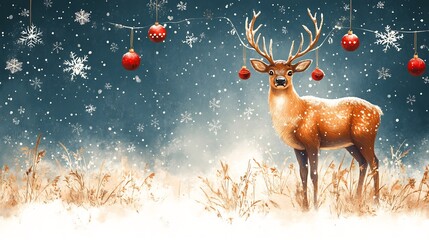 Poster - Christmas reindeer standing a snowy field ornaments hanging from its antlers surrounded by snowflakes and festive decorations joyful holiday card design with winter celebration theme