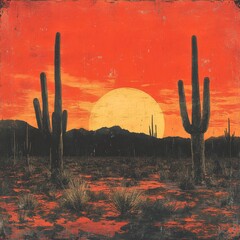 Poster - Sunset in the Desert with Silhouettes of Saguaro Cacti