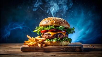 Wall Mural - Delicate tendrils of steam dance above a succulent, juicy burger and crispy fries, set against a contrasting dark blue background to accentuate the warm, golden lighting of the food.