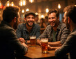 © chroniclez studio - Men laughing and relaxing with beer at a pub for a social gathering, bonding, and happy hour. Friends smiling, enjoying conversation, drinks, and weekend reunion