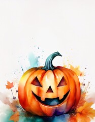 Sticker - Vibrant watercolor painting of Halloween jack o lantern pumpkin