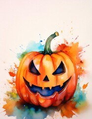 Sticker - Vibrant watercolor painting of Halloween jack o lantern pumpkin