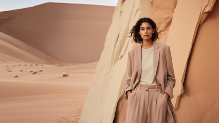 Wall Mural - woman standing wearing a minimal colorful outfit outdoors desert nature.