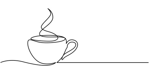 Wall Mural - One continuous single line of hand drawn with cup of coffee decorated with heart symbol isolated on white background, Single continuous line art. Coffee cup tea cup morning cafe hot drink silhouette