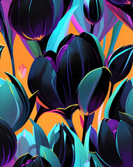 Poster - Black tulips and soft accents seamless wallpaper pattern design