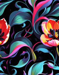 Canvas Print - Black tulips and soft accents seamless wallpaper pattern design