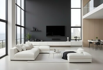 Wall Mural - A modern living room with a large white sectional sofa, a black entertainment unit with a mounted TV, and large windows providing natural light.