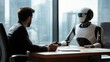 © P.G - AI robot and human discussing at a business meeting table in a corporate setting, representing futuristic partnerships. No logo, clean design.