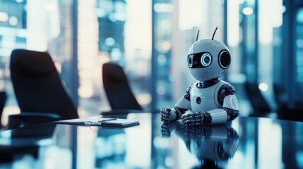 Poster - AI robot sitting with a human at a conference table in a high-tech business environment, symbolizing tech collaboration. No logo, futuristic concept.