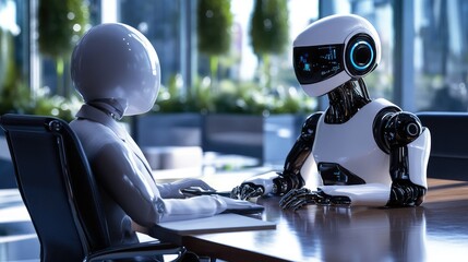 Poster - AI robot sitting with a human at a conference table in a high-tech business environment, symbolizing tech collaboration. No logo, futuristic concept.