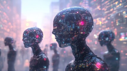 Poster - AI robots bridging human input, data streams, and advanced neural networks in an interconnected big data environment. No logos, no people.