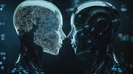 Poster - AI robots bridging human interaction and vast data networks through intelligent AI brain systems and transfer protocols. No logos or people.